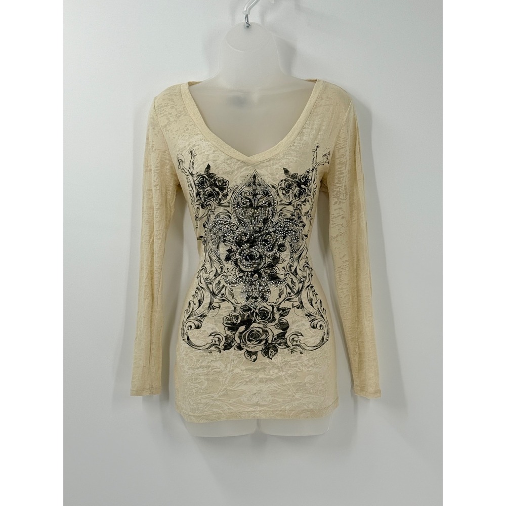 Vtg y2k Dots Sheer burnout Graphic Top Womens sz M McBling Indie Grunge Boho